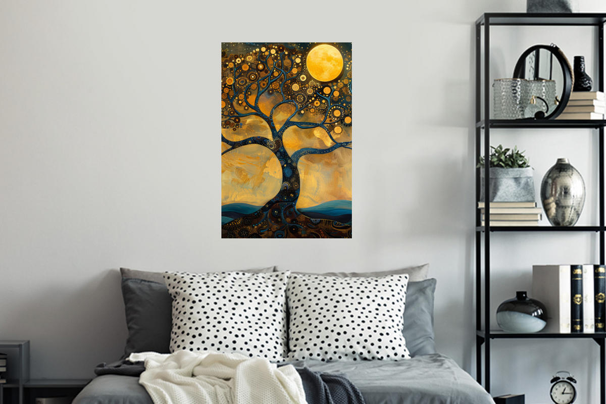 WANDTATTOO Baum - Mond - Blumen - Gold - Kunst 40x60 cm - Orange, Kunststoff (40/60/0.1cm) - MuchoWow