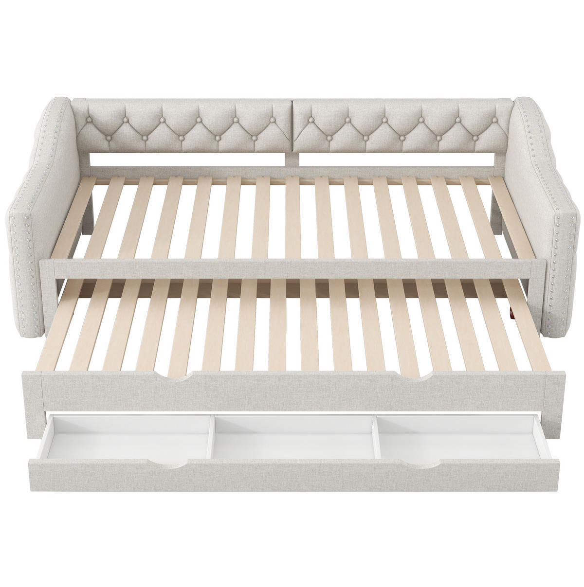 TAGESBETT aus MDF und Leinenmischgewebe 90x200 cm Beige mit LED-Beleuchtung, Ausziehbett und 3 Schubladen - Beige, Textil (90/200cm) - Modfu