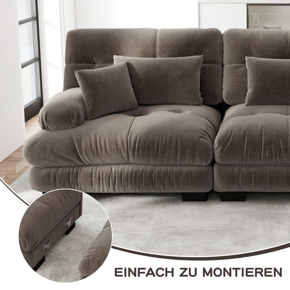 2-SITZER SOFA Chenille Braun mit Ottomans und Kissen - Braun, Textil (220/81/145cm) - WISHDOR