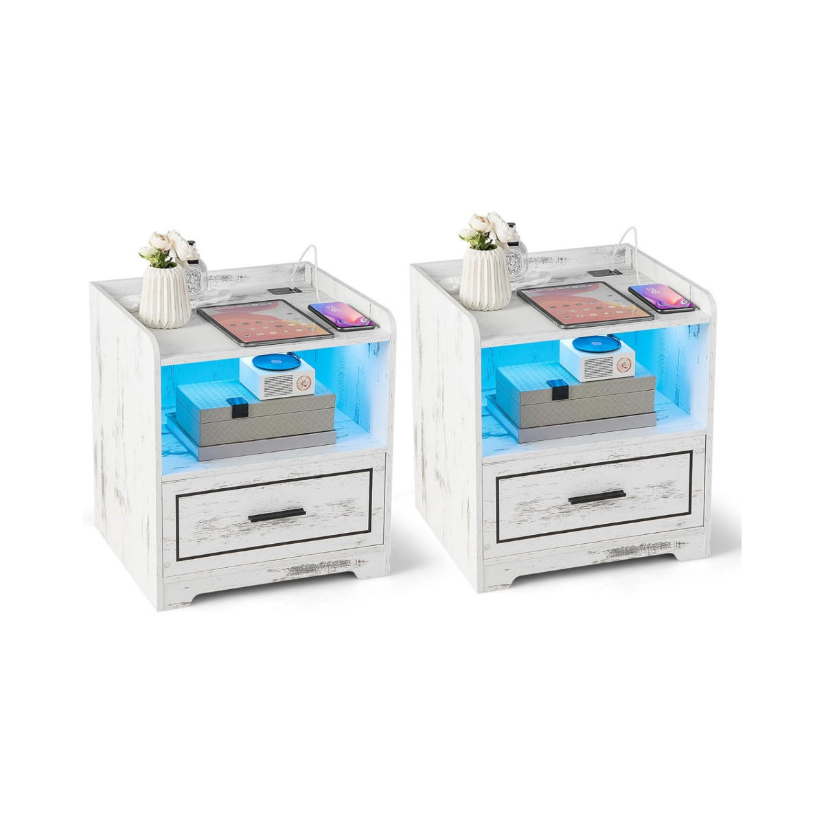NACHTTISCH 2er Set mit LED, Bewegungssensor, USB- und Typ-C-Ladestation, MDF, Weiß - Weiß, Holzwerkstoff (45/50/40cm) - DESIGN IN