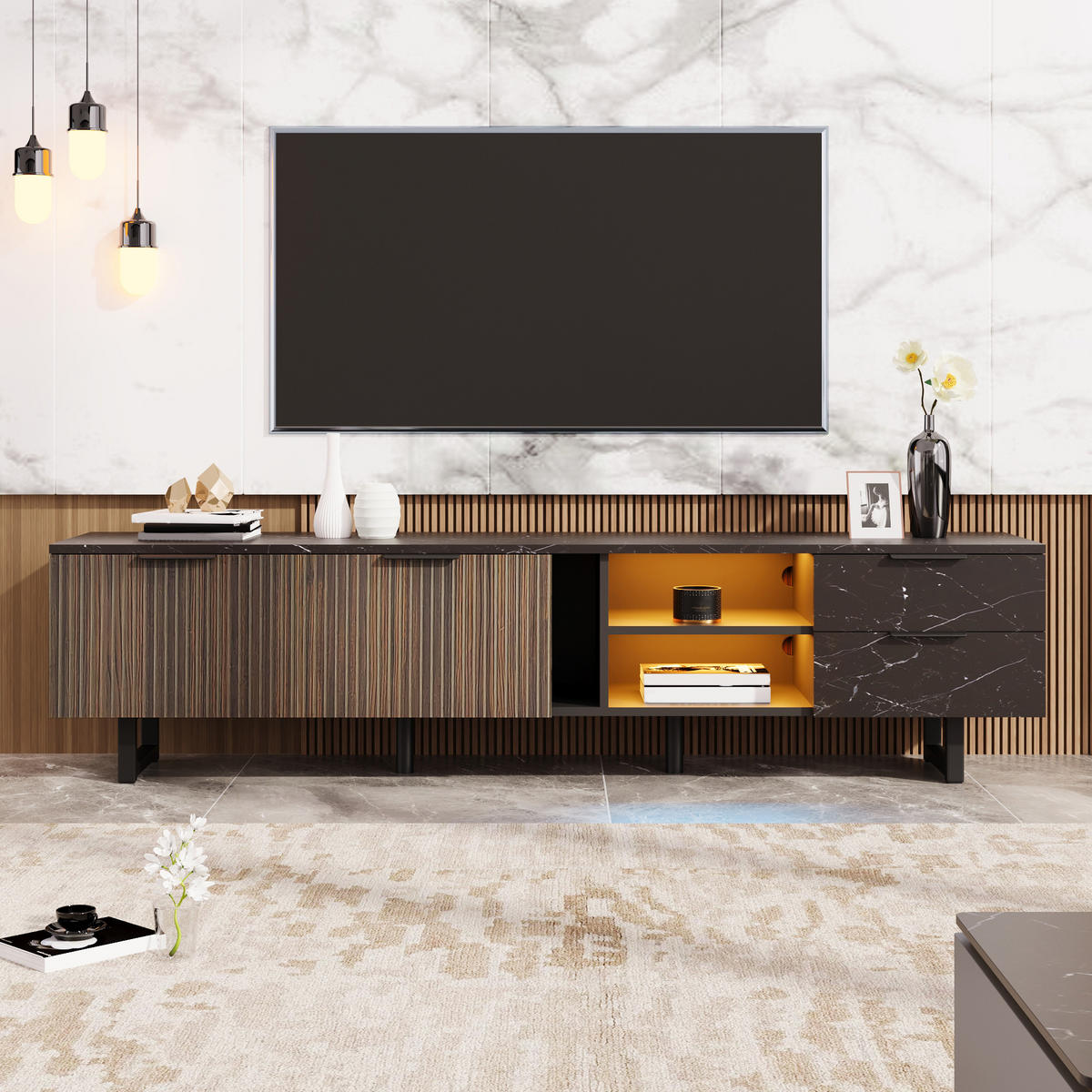 TV-SCHRANK mit schwarzer Marmoroptik, Holzmasertüren und LED 200/38/50 cm - Schwarz, Holzwerkstoff (200/38/50cm) - Redom
