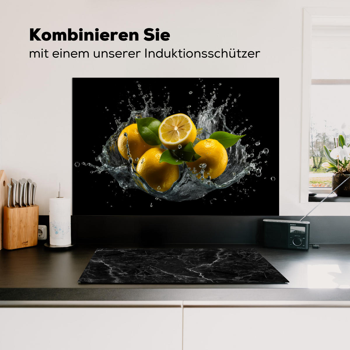 SPRITZSCHUTZ KÜCHE Zitrone - Obst - Gelb - Schwarz 90x60 cm - Gelb, Metall (90/0.3/60cm) - MuchoWow