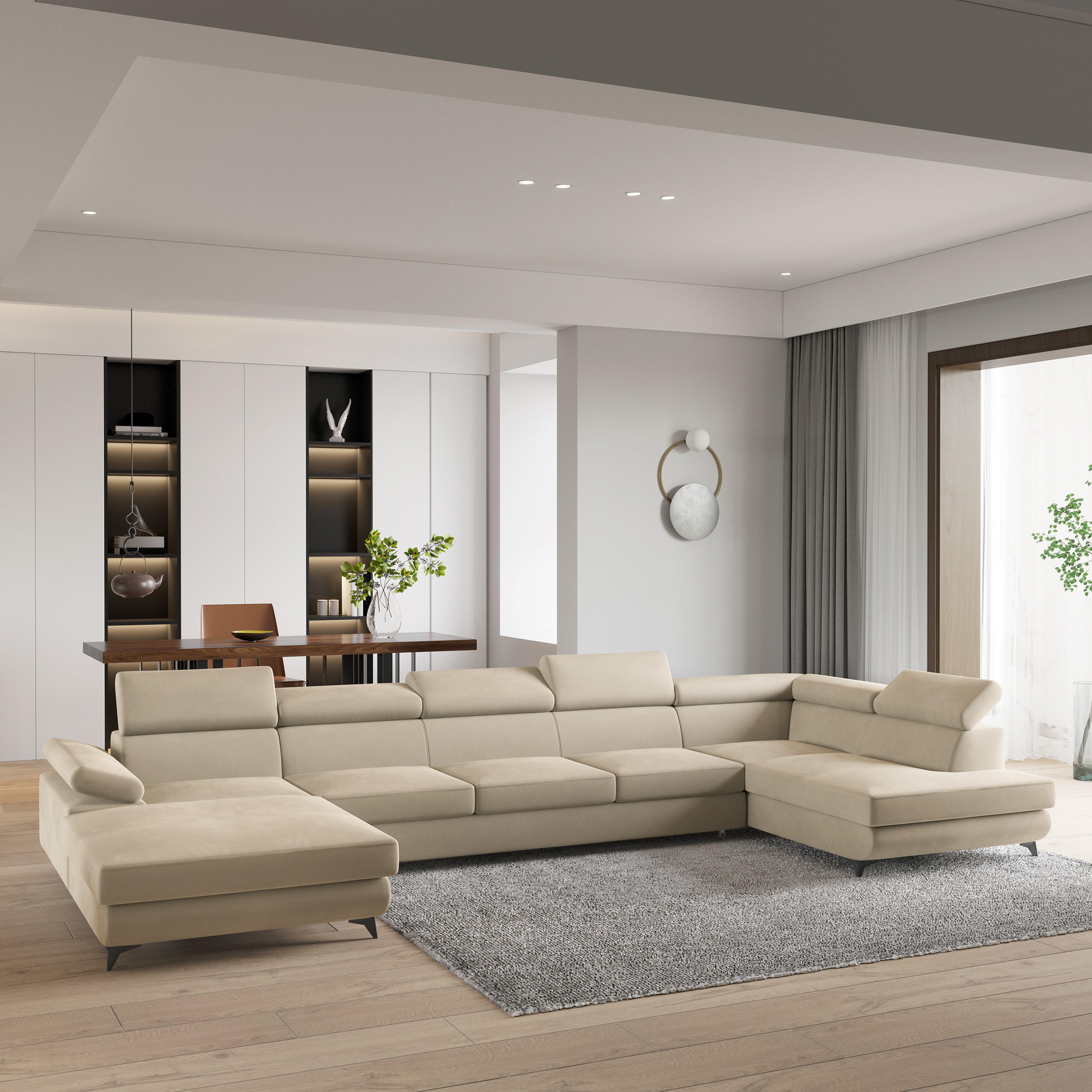 WOHNLANDSCHAFT MONTIVA Creme Velours-Stoff mit Schlaffunktion - Creme, Holz (410/89/190cm) - MASSENO