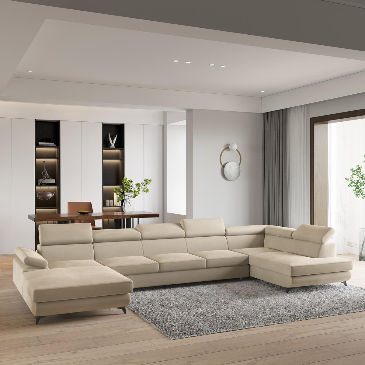 WOHNLANDSCHAFT MONTIVA Creme Velours-Stoff mit Schlaffunktion - Creme, Holz (410/89/190cm) - MASSENO
