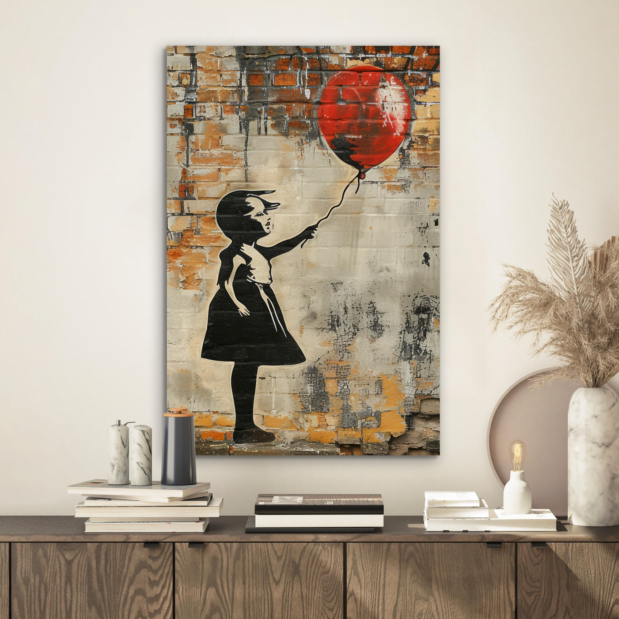 METALLBILD Graffiti - Banksy - Mädchen - Straßenkunst 40x60 cm - Sandfarben, Metall (40/60cm) - MuchoWow