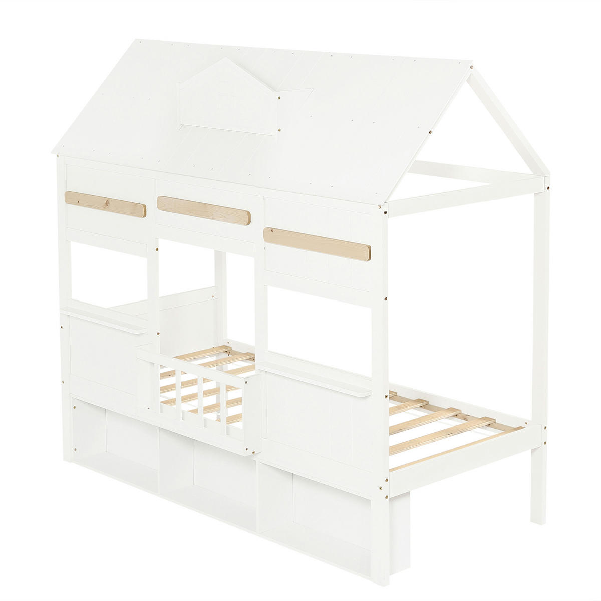 HOCHBETT aus Kiefer und MDF 90x200 cm Weiß mit Bücherregal, Lattenrost und Hausdesign - Weiß, Holzwerkstoff (90/200cm) - Modfu