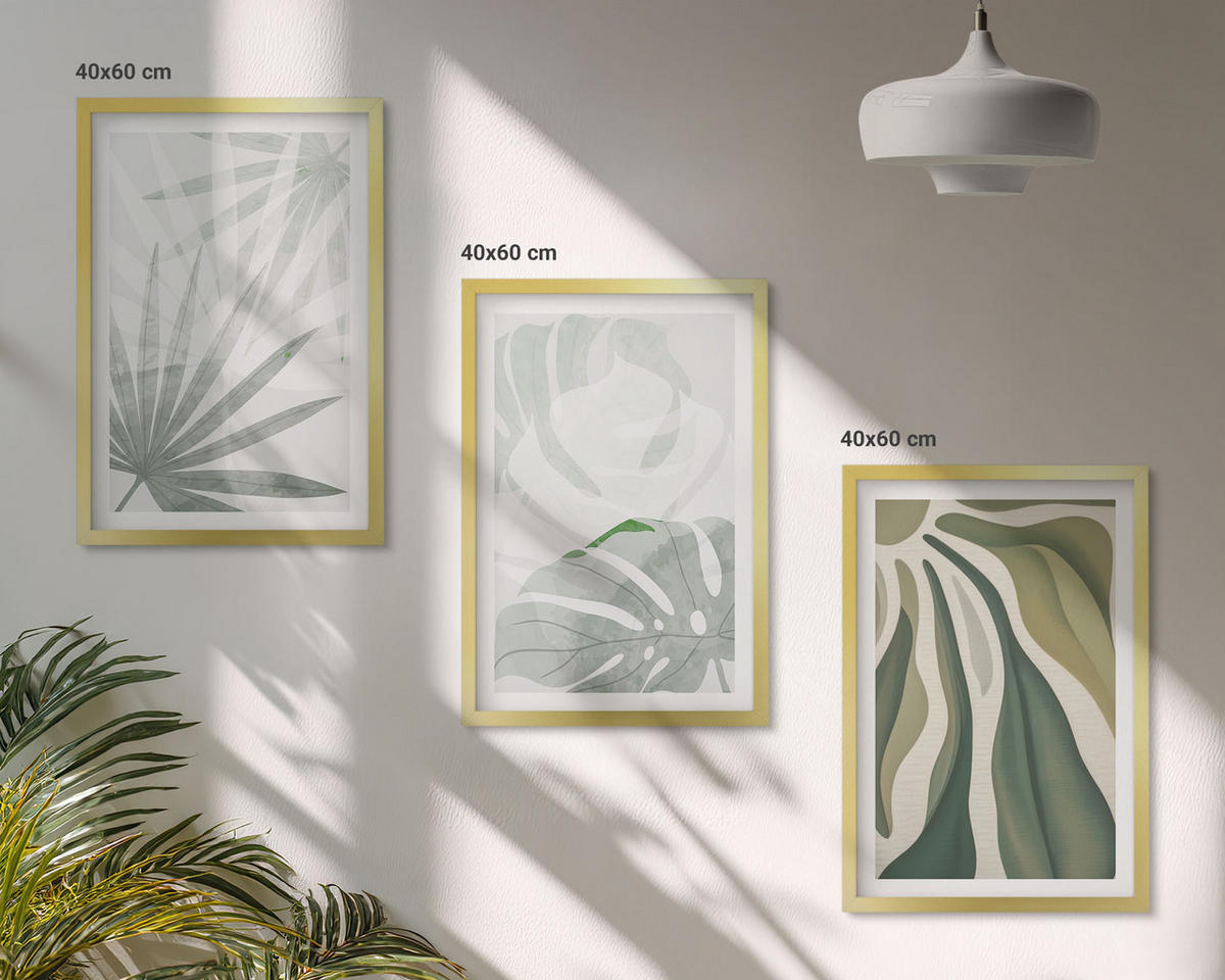 WANDBILDER 3er Set - 40x60 cm Goldrahmen - Blätter von Pflanzen in Grün und Grau - Goldfarben, Kunststoff (40/60cm) - ArtPrintCave