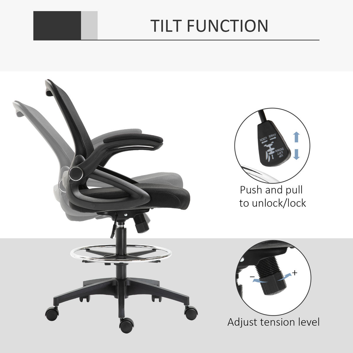 MESH Zeichenstuhl Ergonomischer Bürostuhl mit Rollen drehbar Schwarz - Schwarz, Textil (60/126/64cm) - Vinsetto
