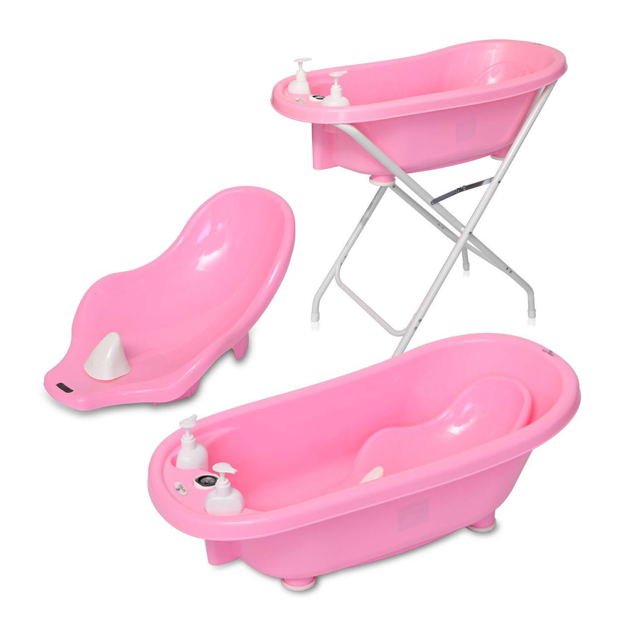 BABYBADEWANNE SET Set-1013082 rosa mit Badewannenständer, Badesitz, Wasserthermometer, Wasserablauf - Rosa, Kunststoff (41/88cm) - Lorelli