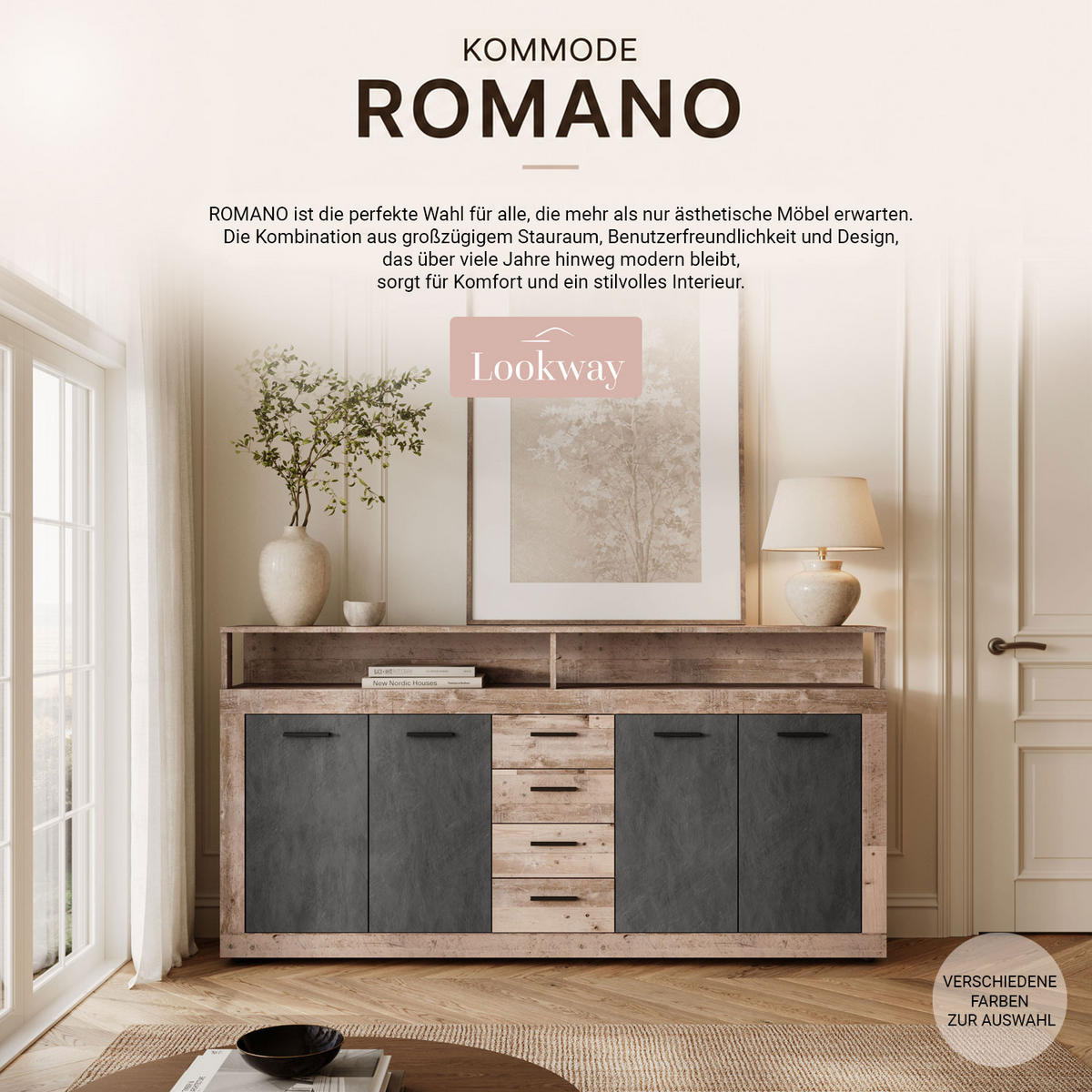 KOMMODE ROMANO mit Schubladen - Taupe/Naturfarben, Holzwerkstoff (190/96/32cm) - Lookway