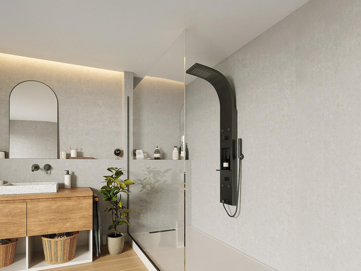 DUSCHSÄULE mit Hydromassage mit Ablage - Schwarz matt - 20 x 140 cm - ROANA - Schwarz, Metall (20/140/48cm) - Vente-Unique