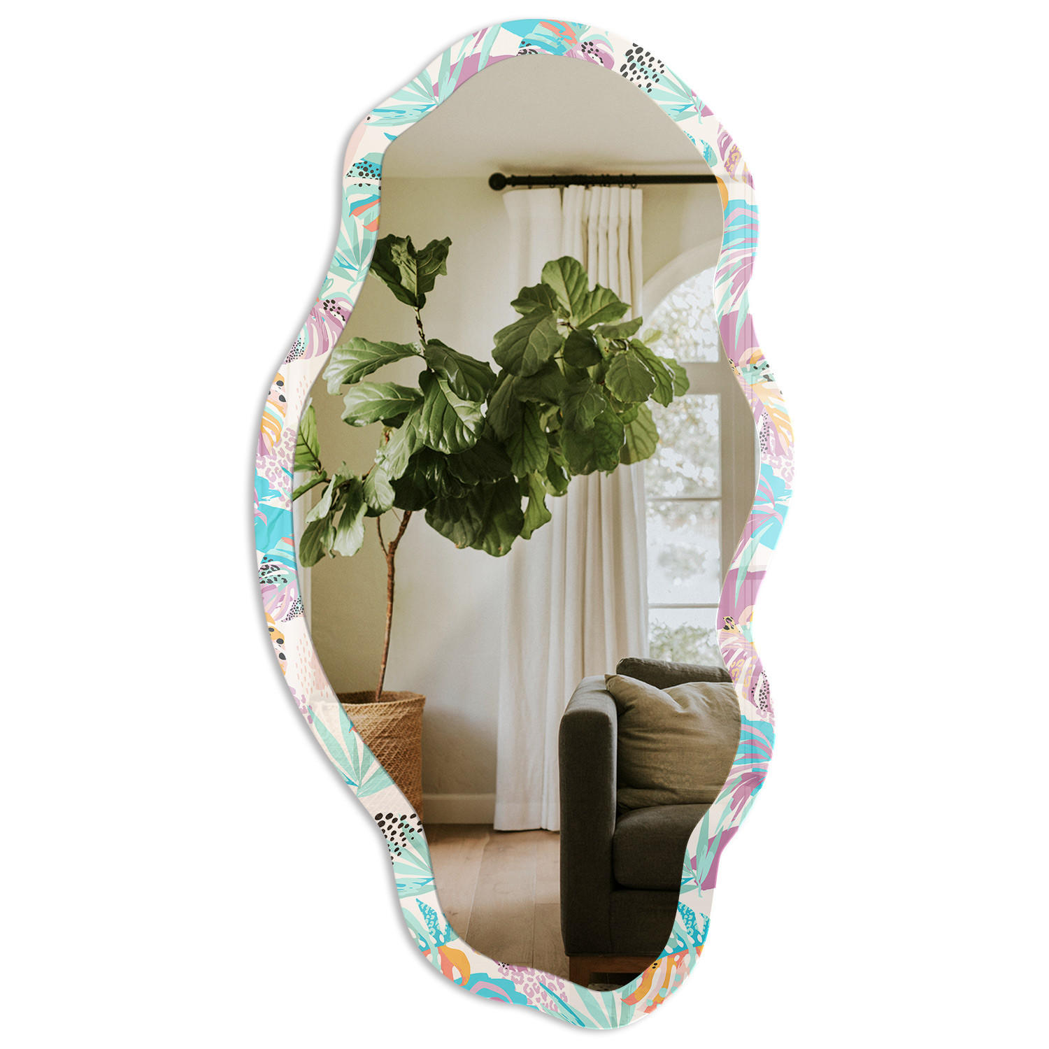SPIEGEL 90x45 cm asymmetrisch mit Druck - Tropisches Muster - Transparent, Glas (45/90/0.4cm) - TULUP