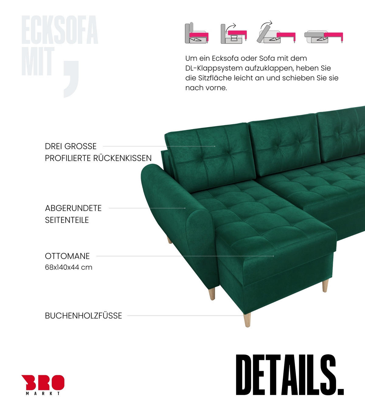 ECKSOFA Henry mit Schlaffunktion Grün Samtstoff - Grün, Textil (232/141cm) - Bromarkt