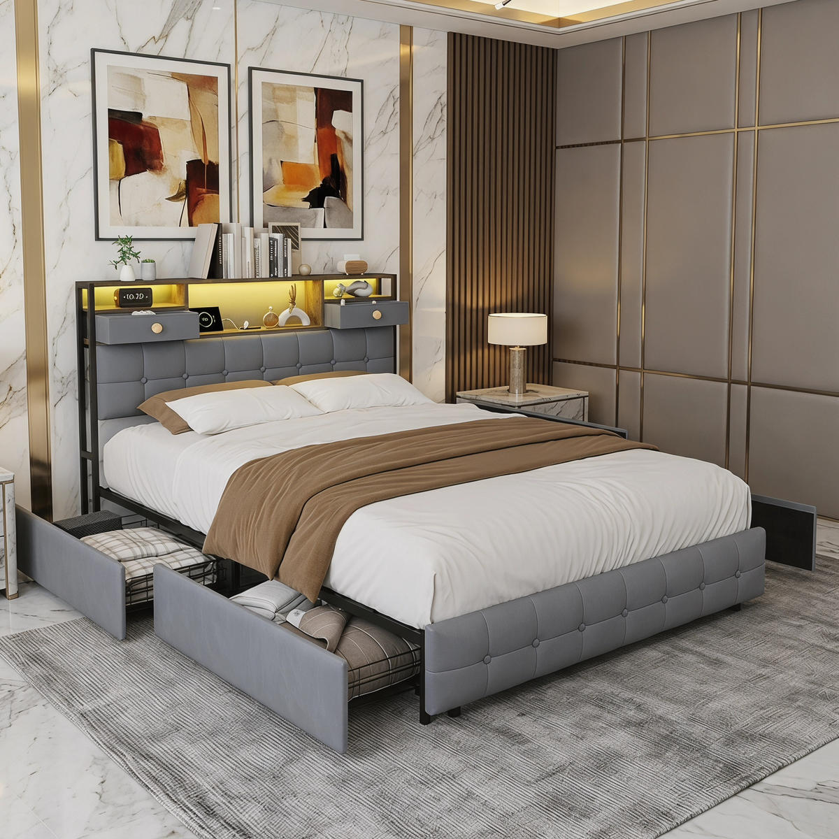 STAURAUMBETT 140/200 cm aus Samt, mit 4 seitlichen Schubladen + 2 Kopfteil-Schubladen, LED und USB-Anschluss, Grey - Grau, Holzwerkstoff (160/200cm) - Brevoria