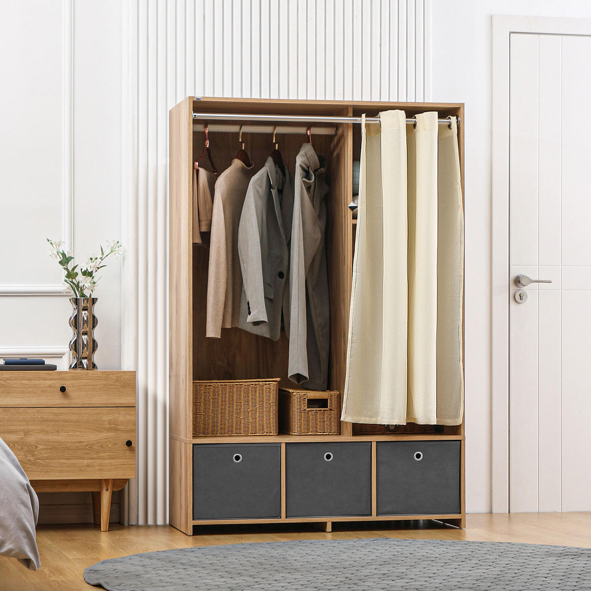 KLEIDERSCHRANK DE-17166 mit Kleiderstange & 3 Stoffschubladen Natur - Naturfarben, Holzwerkstoff (48/160/105cm) - ComfortXL
