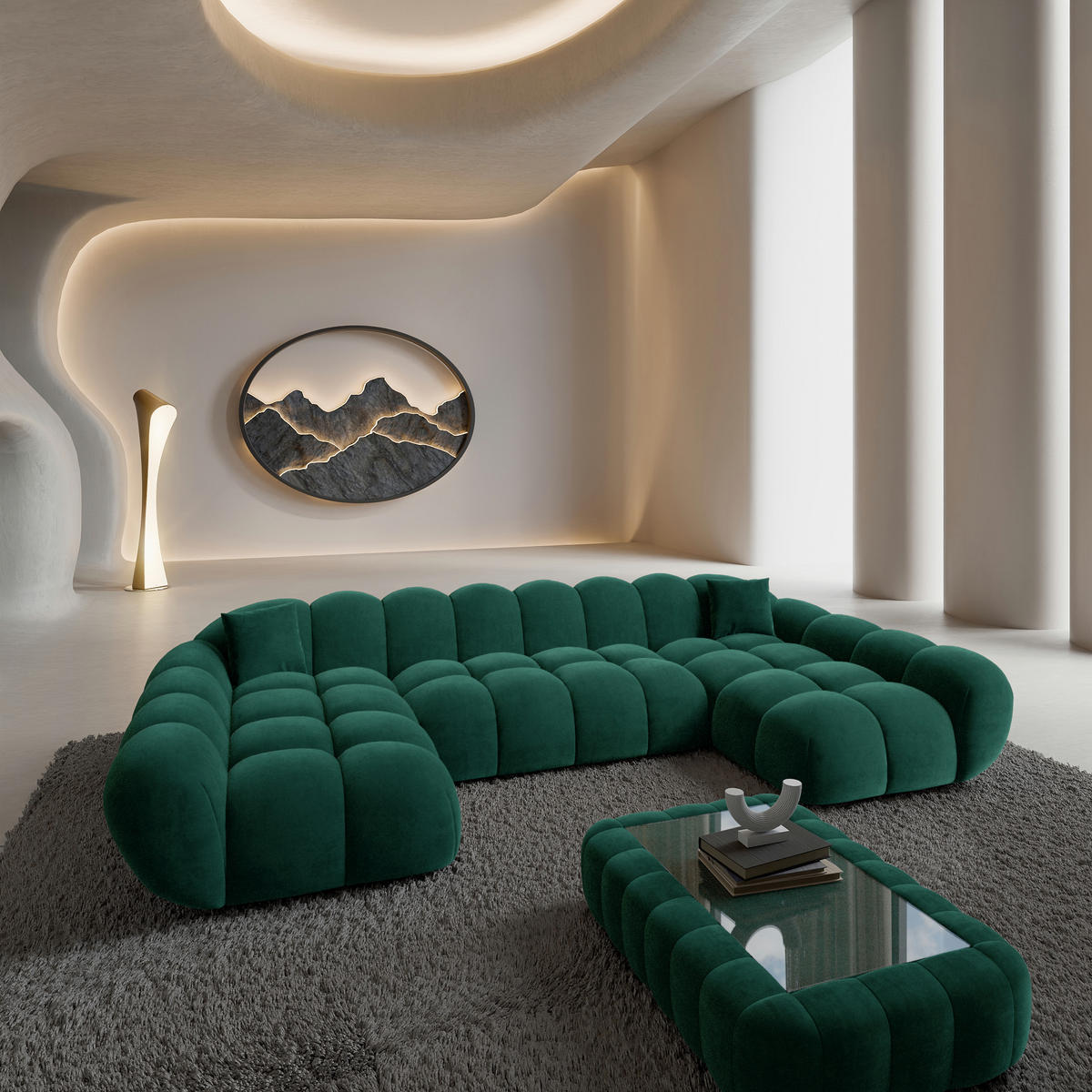 WOHNLANDSCHAFT Liva Smaragdgrün Samtstoff U-Form XXL Studio - Smaragdgrün, Textil (330/70/160cm) - VAROYAL