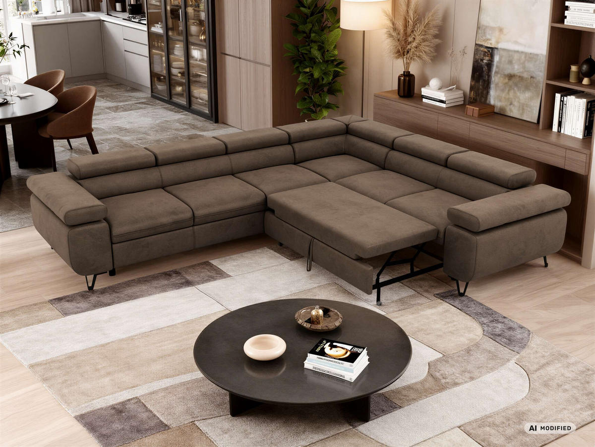 ECKSOFA NORDEN L - Braun Velvet - Links Seite - Dunkelbraun/Schwarz, Textil/Metall (269/329cm) - MKS