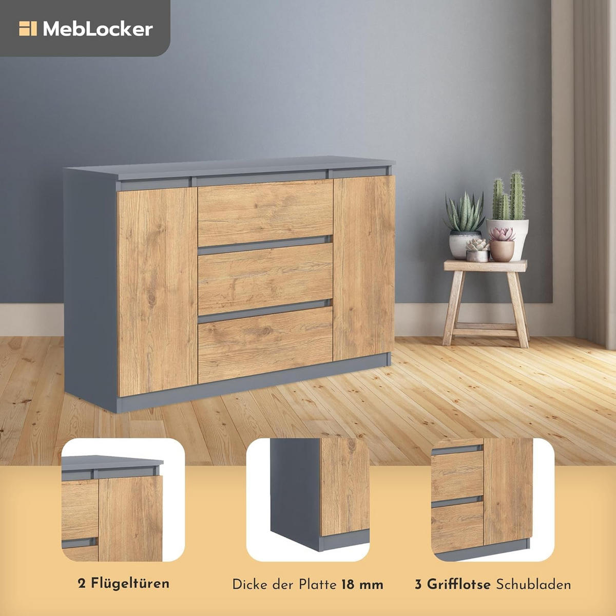 KOMMODE mit 3 Schubladen 2 Schranktüren 120 cm Anthrazit/Lancelot - Anthrazit/Eiche Artisan, Holzwerkstoff (120.4/78.2/39cm) - MebLocker
