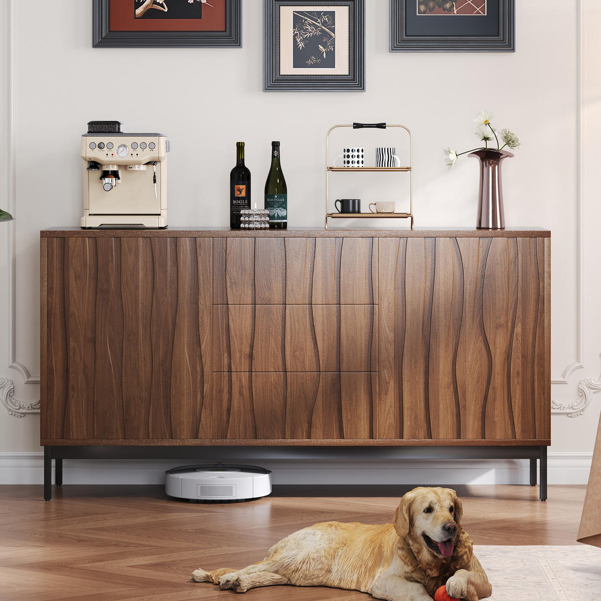 SIDEBOARD mit Schubladen und 2 verstellbaren Regalen, slotted Design, 150/40/80 cm, Dunkelbraun - Dunkelbraun, Holzwerkstoff (150/80/40cm) - Redom