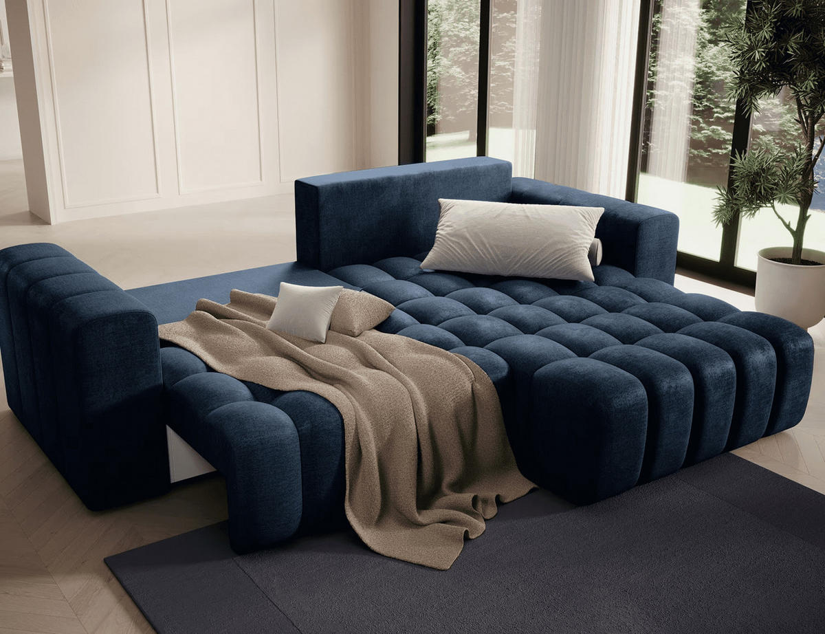 ECKSOFA mit Schlaffunktion und Bettkasten, Velours-Stoff - Schwarz/Dunkelblau, Textil (175/250cm) - Eltap
