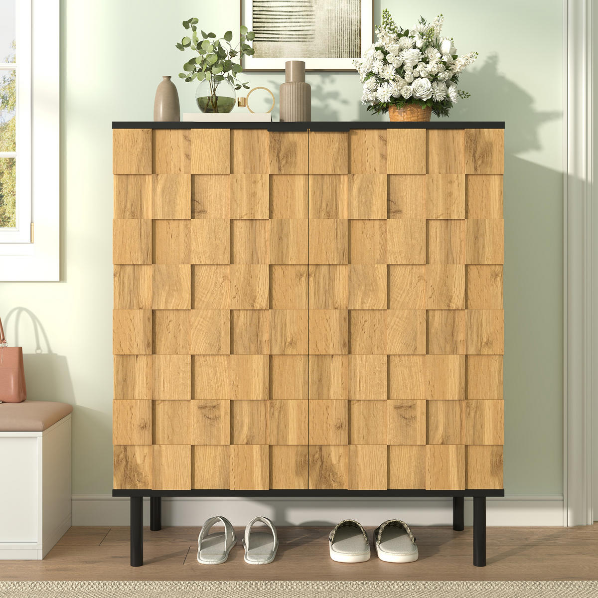 SCHUHSCHRANK mit Mosaik-Türdesign, Metallfüßen & Stauraum Holzoptik 1 Set Spanplatte/Metall - Naturfarben, Holzwerkstoff/Metall (80/91.5/35cm) - EVRYAE
