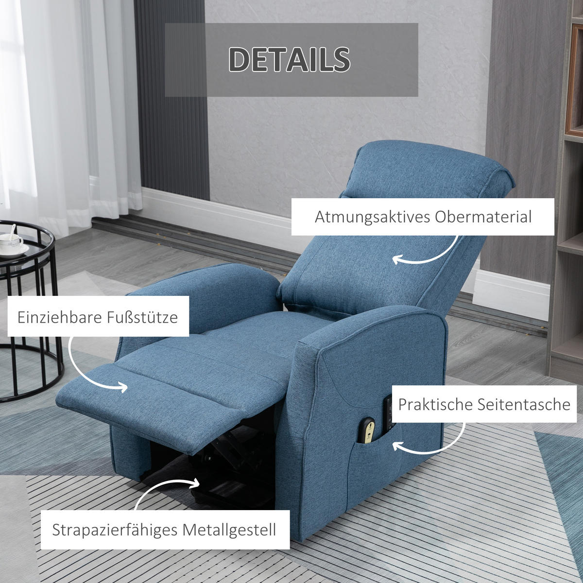 MASSAGESESSEL mit Aufstehhilfe, Leinen, Blau - Blau, Kunststoff (87.5/110/74.5cm) - HOMCOM