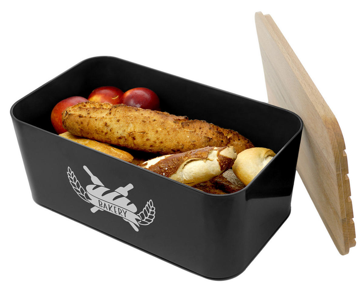 BROTKASTEN mit Bambus Schneidebrett schwarz - Schwarz, Kunststoff (15/22/36cm) - Lashuma