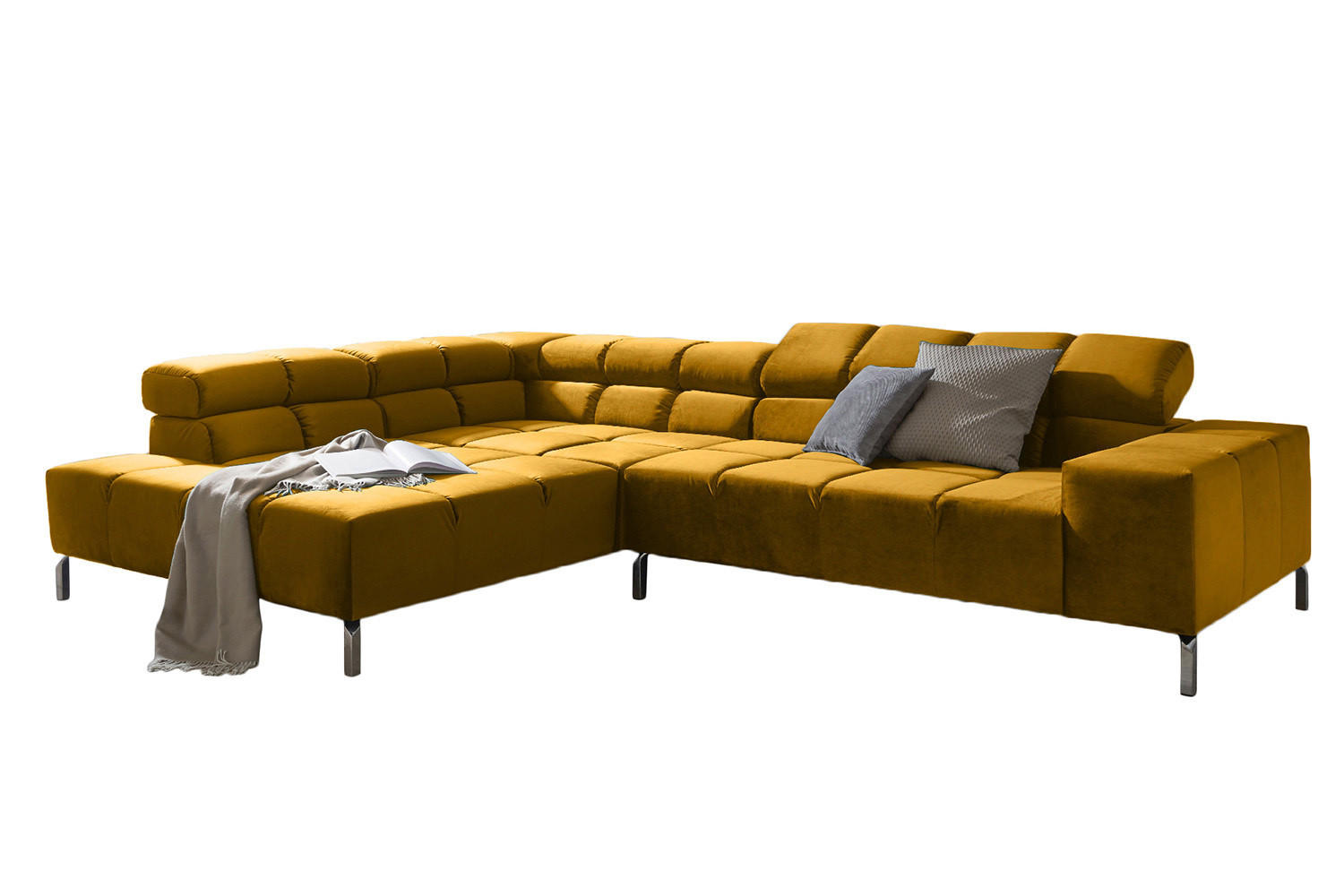 ECKSOFA MIT RELAXFUNKTION NELSON Gelb Velvet - Gelb/Silberfarben, Textil (321/116cm) - KAWOLA