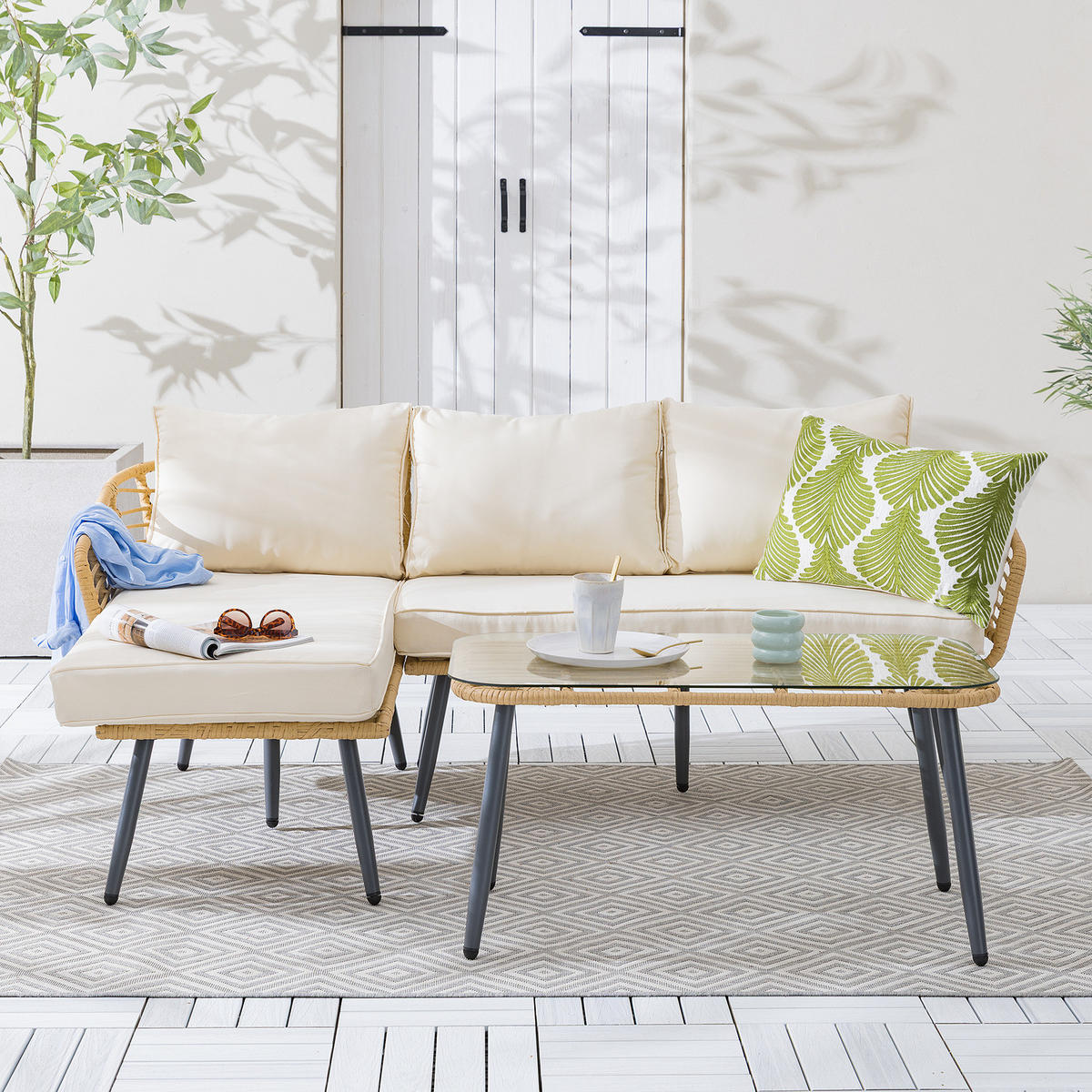 LOUNGESET - Polyrattan / Polyester - Braun / Creme - 3-teilig - Beige/Braun, Glas/Naturmaterialen - home24