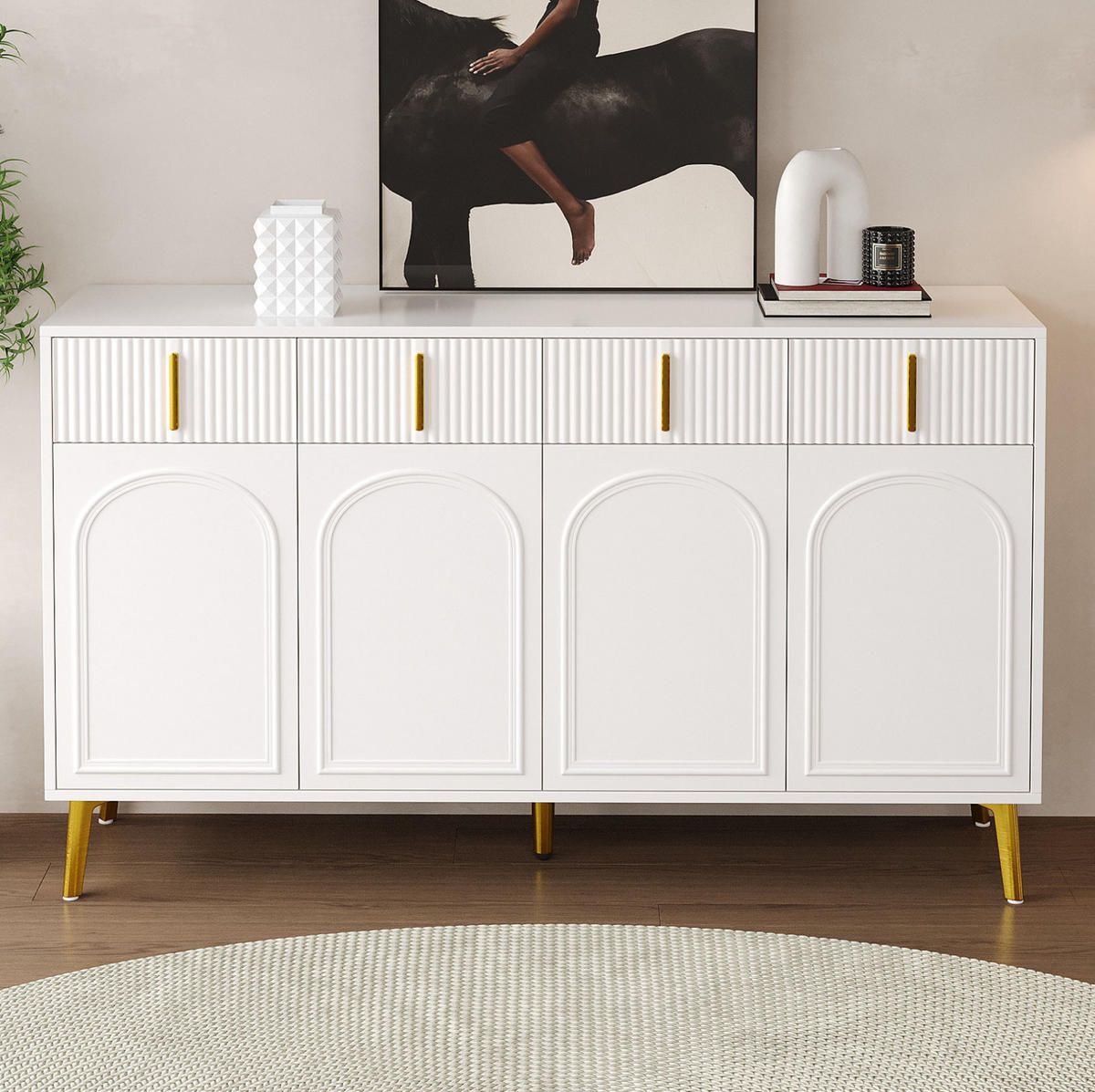 SIDEBOARD aus weißem MDF mit Melamin, 4 Türen und 4 Schubladen, goldene Griffe und Beine, 140/38/82 cm, Weiß - Weiß, Holzwerkstoff (140/82/38cm) - Redom