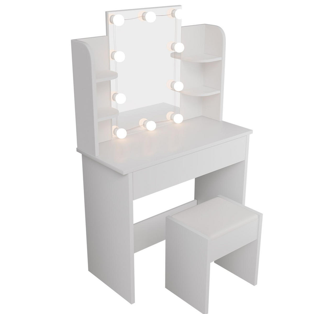 SCHMINKTISCH Zoey LED-Beleuchtung & Hocker Melly - Weiß, Holz (40/140/90cm) - Juskys