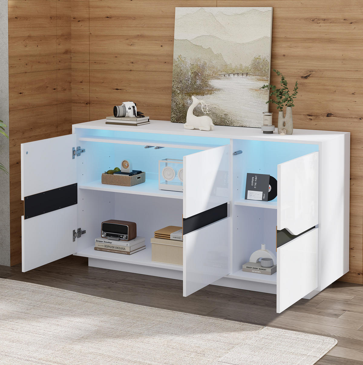 SIDEBOARD 140/40/70 cm Weiß/Schwarz aus Spanplatte mit LED - Weiß, Holzwerkstoff (40/70/140cm) - OKMYHOME