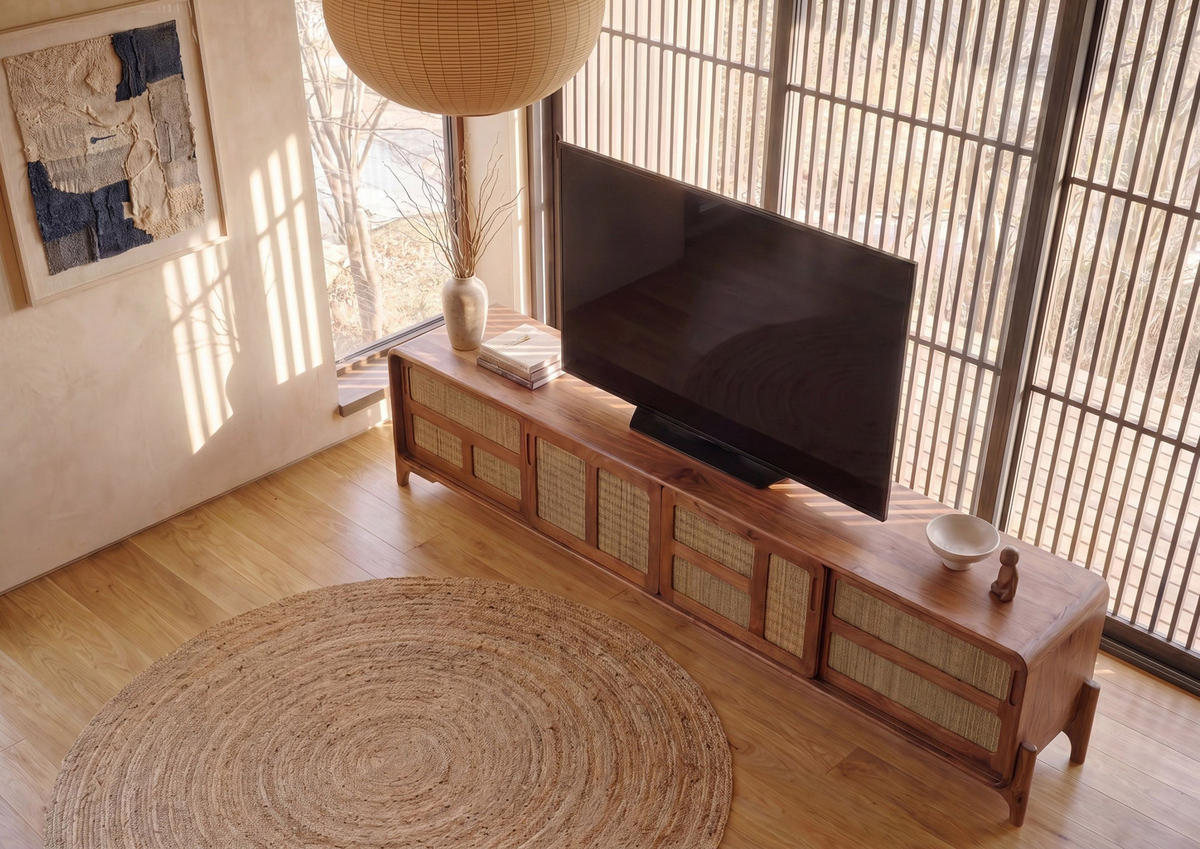 TV-BOARD Mango/Seegras 240x40x50 hellbraun lackiert MIZUMI #107 - Braun, Holz (240/50/40cm) - Massivmoebel24