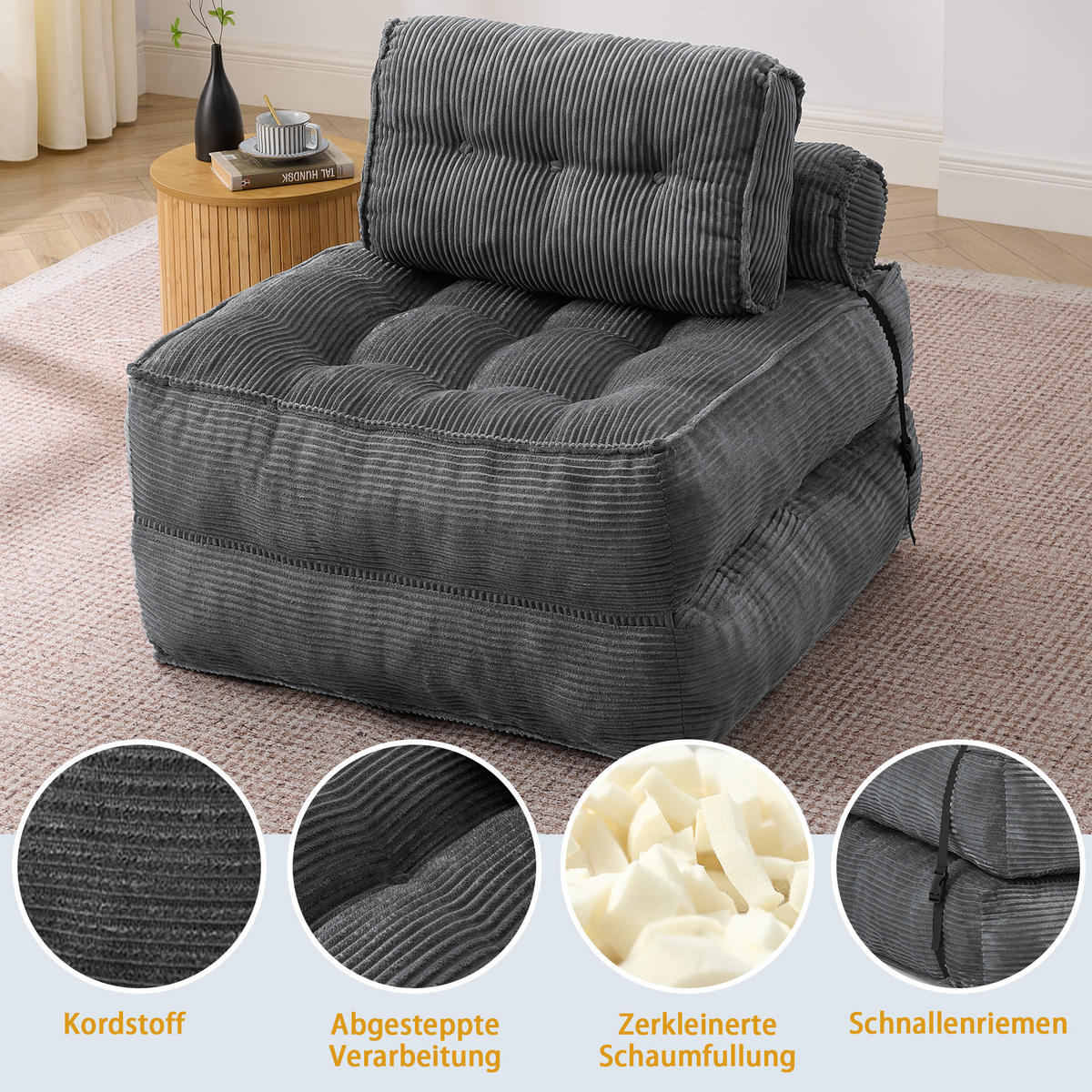 SCHLAFSESSEL 2-in-1 aus weichem Cord, klappbar als Loungesessel und Gästebett - Dunkelgrau, Kunststoff (85/85/85cm) - Urban Meuble
