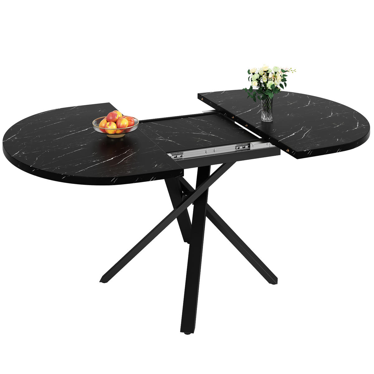 ESSTISCH 100-140x76 cm in Schwarz aus MDF mit Marmoroptik auf X-Gestell ausziehbar - Schwarz, Holzwerkstoff (100/140/75.5cm) - Modfu