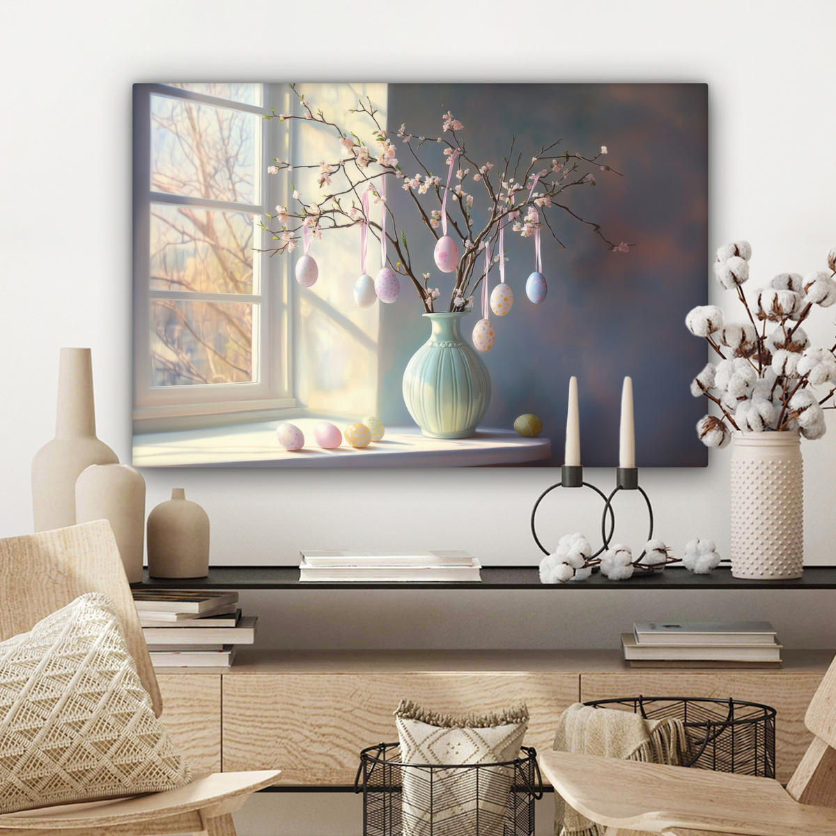 LEINWANDBILD Stillleben - Vase - Osterzweig Wanddeko 90x60 cm - Hellblau, Textil (90/60cm) - MuchoWow