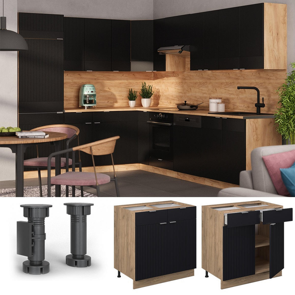 KÜCHENUNTERSCHRANK Fame-Line Schwarz gestreift 80 cm , AP Marmor - Honigeiche/Schwarz, Holzwerkstoff (80/82/60cm) - Vicco