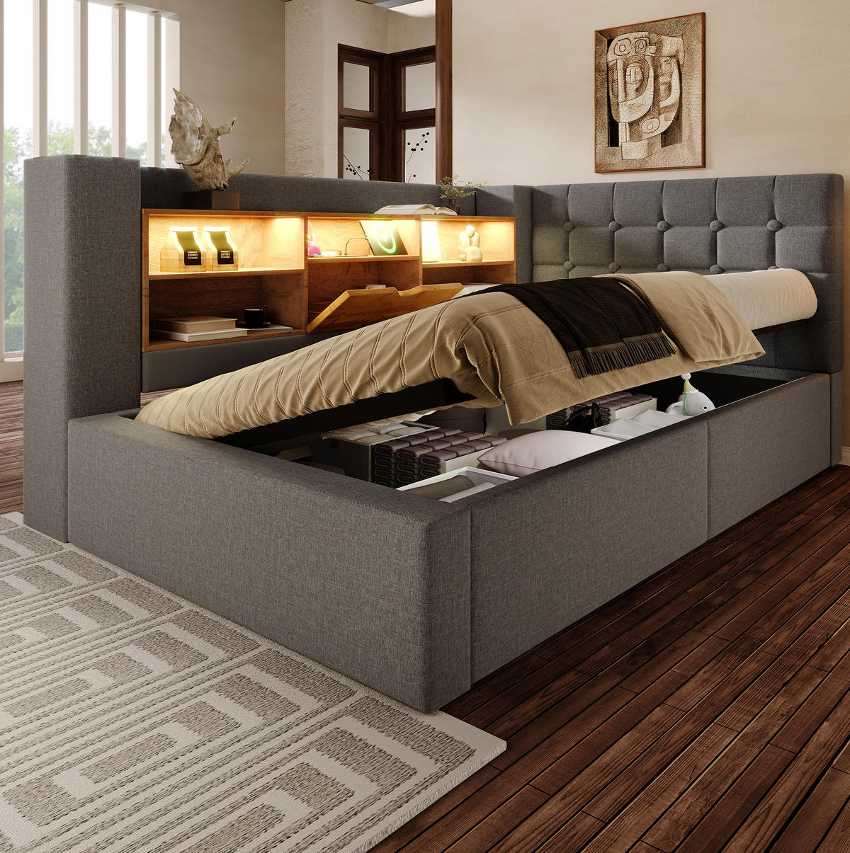 POLSTERBETT 90/200 cm mit LED-Beleuchtung, Bettkasten und L-Kopfteil - Grau, Textil (90/200cm) - BEAOK