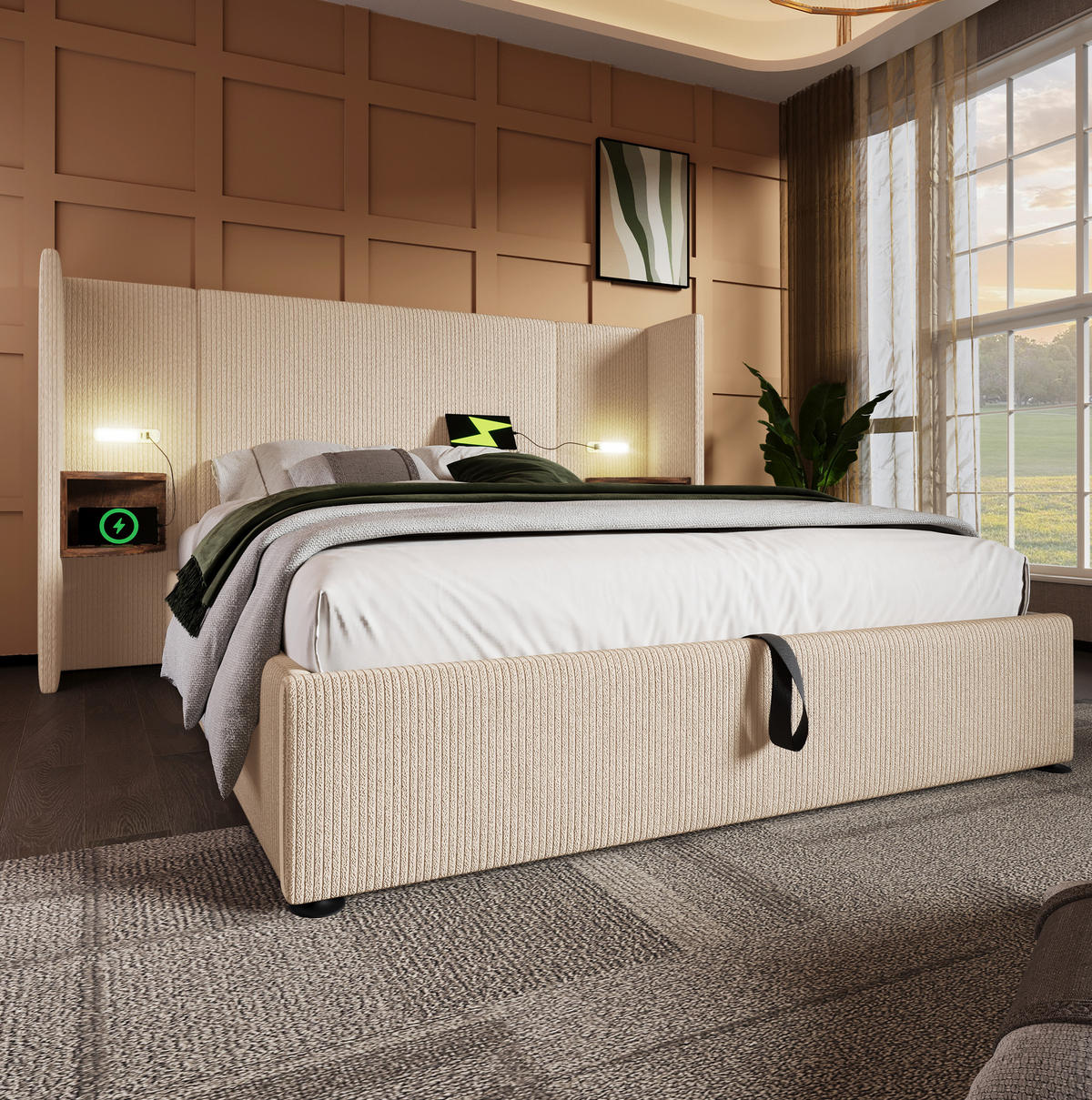 TAPECIRANI krevet 160/200 cm bež-bijeli od kord tkanine s prostorom za odlaganje i LED lampom - krem, tekstil (160/200cm) - OKWISH