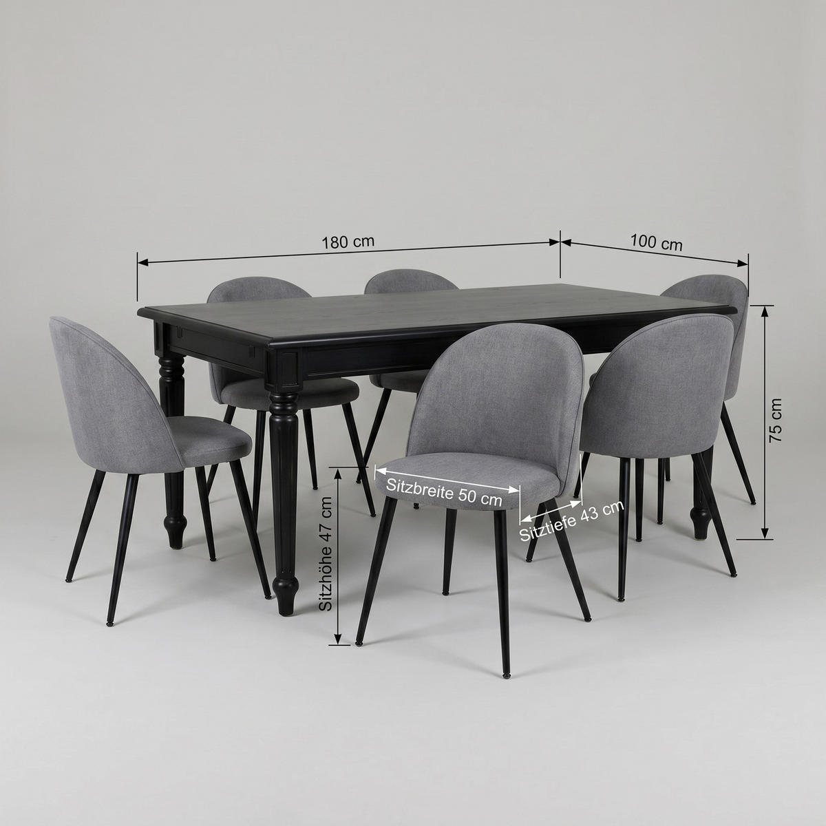 ESSGRUPPE Amaretta mit Esstisch Schwarz und 6 Stühlen Grau, 180 x 100 cm - Grau, Holz/Textil (180/75/100cm) - ebuy24