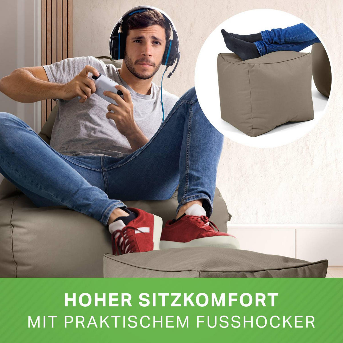SITZSACK + Hocker "Cozy+Cube" 2er Set - Braun, Textil (70/90/80cm) - Green Bean