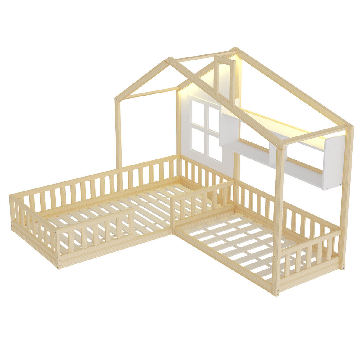 HAUSBETT 90/200 cm naturfarben weiß aus Massivholz mit LED und Regal - Naturfarben, Holz (90/200cm) - OKWISH