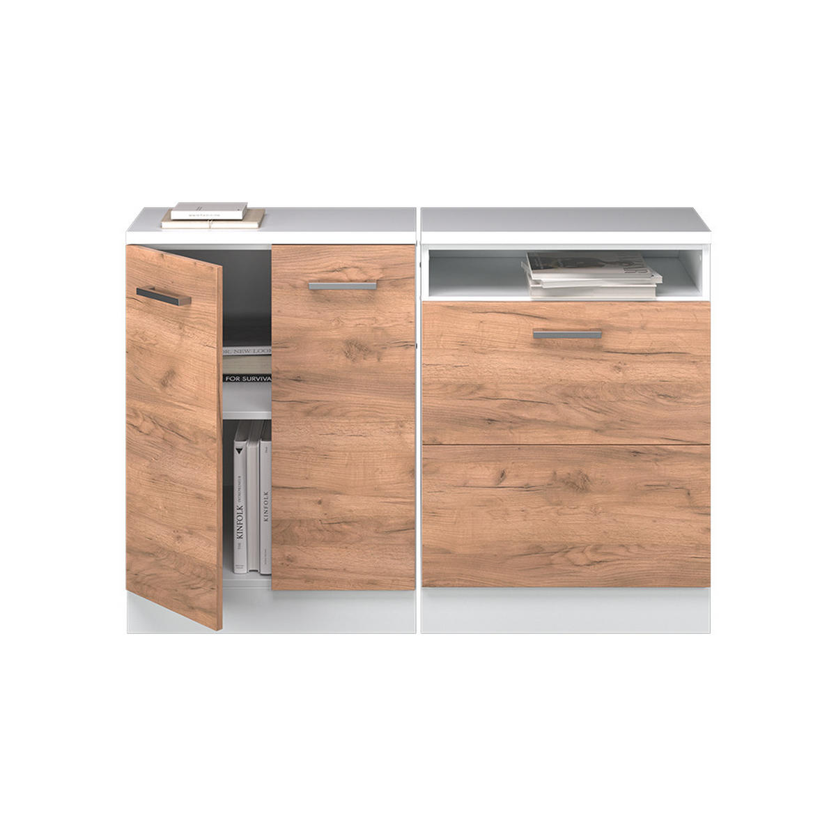 KUHINJSKI ORMAR ZA KOSINE KROVA R-Line Hrast zlatnog tona 120 cm Set od 2 korpusa ormara, dubina 60 cm - bijela/hrast medunac, drvni materijal (120/83.8/60cm) - Vicco
