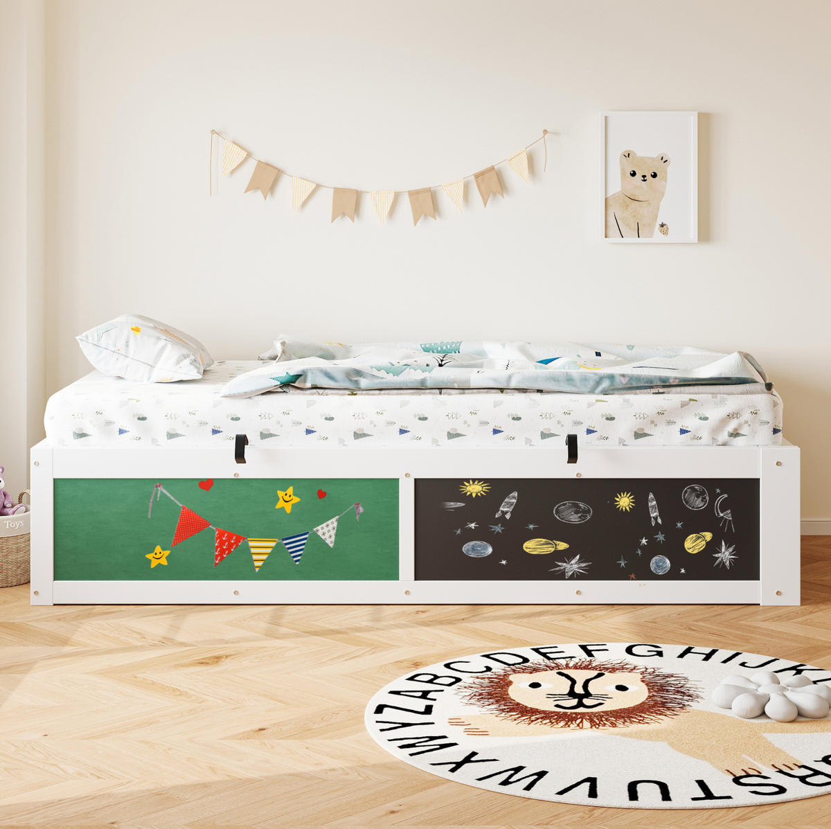KINDERBETT 90/200 cm mit hydraulischem Stauraum, Kreide- und Filztafel, Bücherfach, Weiß - Weiß, Holzwerkstoff (90/200cm) - Redom