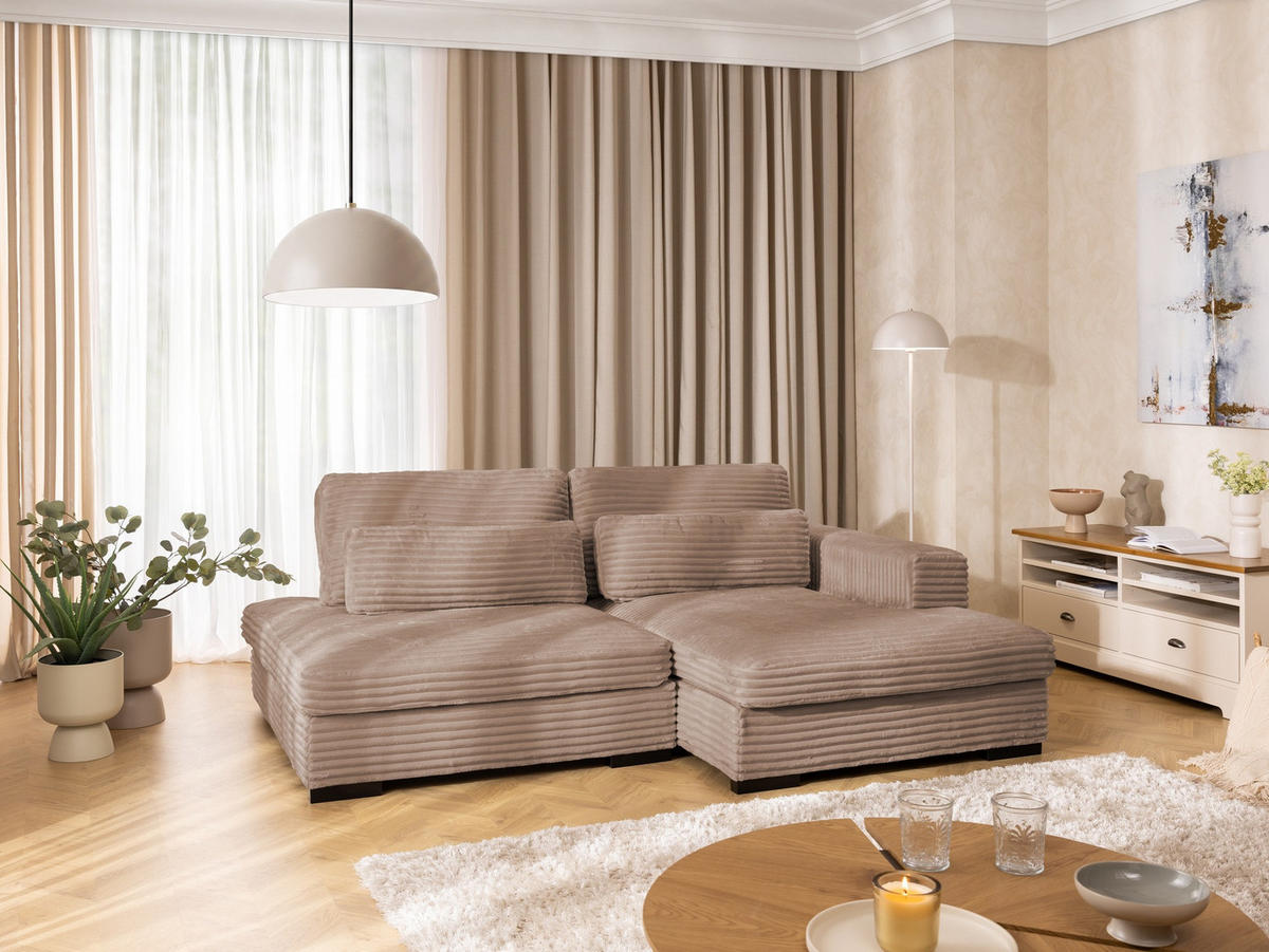 ECKSOFA Wolke mit tiefer Sitzfläche, Schlaffunktion und praktischem Bettkasten aus weichem Beige Cordstoff - Schwarz/Cappuccino, Holz/Kunststoff (225/162cm) - S-Style