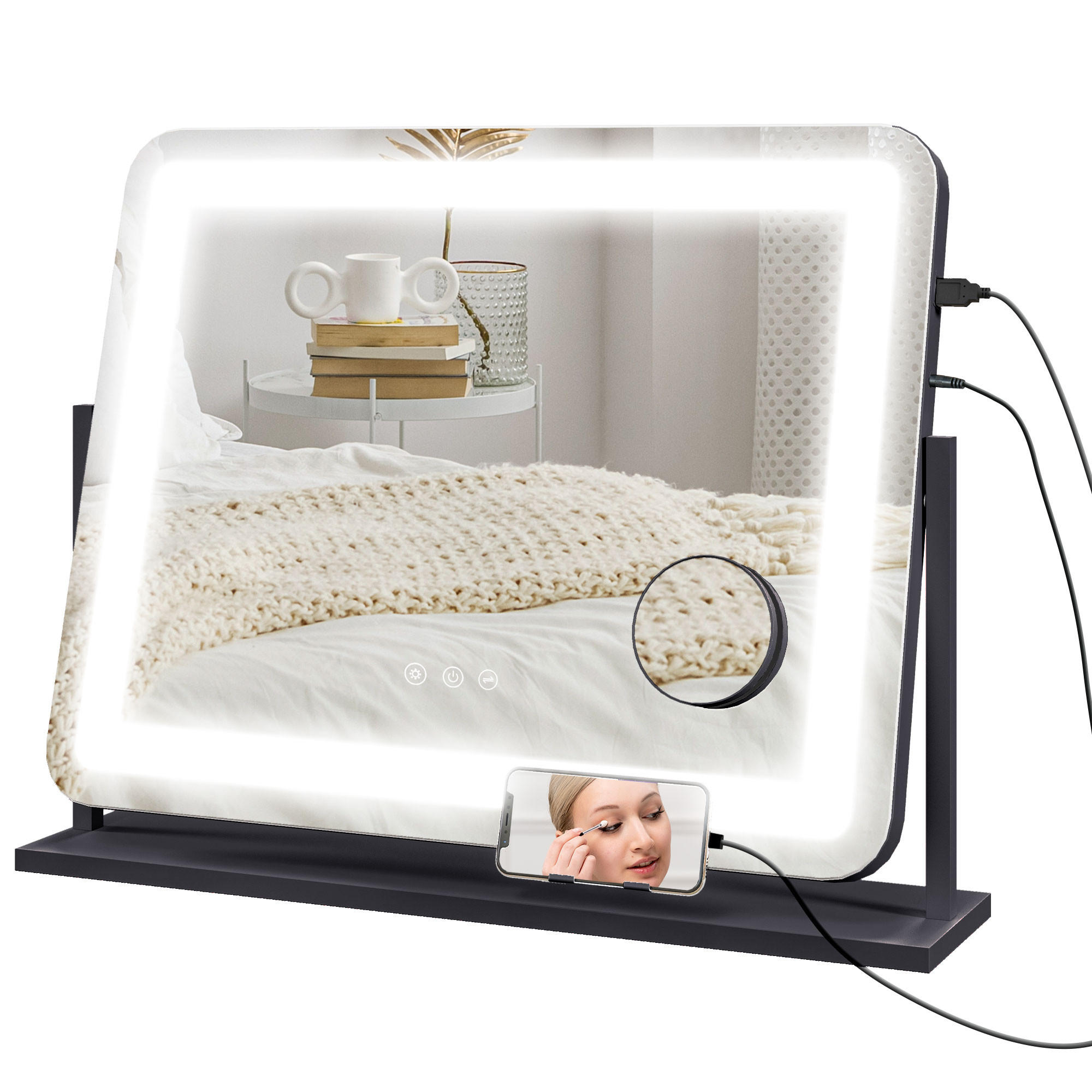 SCHMINKSPIEGEL mit Beleuchtung, mit 3 Lichtfarben, 360° Drehbar, Schwarz - Schwarz, Metall (62.5/52/14cm) - HOMCOM