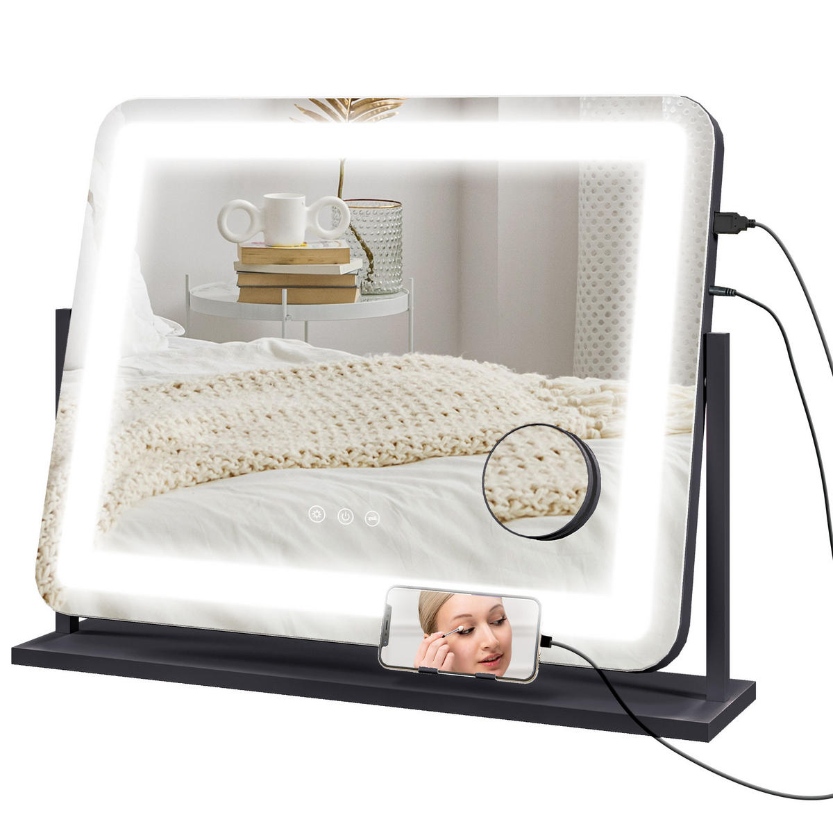 SCHMINKSPIEGEL mit Beleuchtung, mit 3 Lichtfarben, 360° Drehbar, Schwarz - Schwarz, Metall (62.5/52/14cm) - HOMCOM