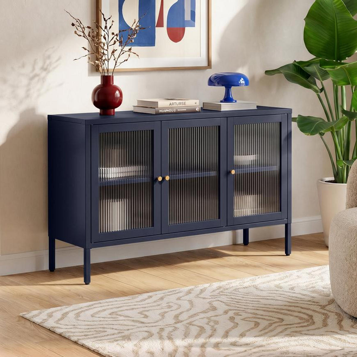 TV-LOWBOARD Industrielles aus nachtblauem Metall, 105 cm, 3 Türen aus gehärtetem Glas - CALEB - Blau, Metall (105/70/35cm) - Sicaan