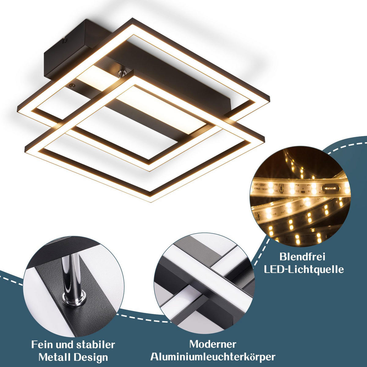 LED-DECKENLEUCHTE Macswain 37/36/7.5cm - Schwarz, Metall (36/37/7.5cm) - Nettlife