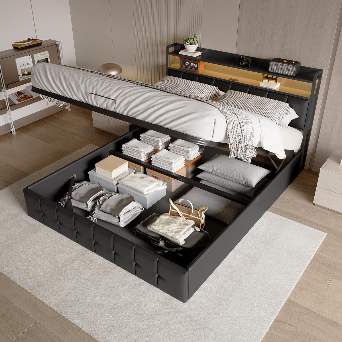 POLSTERBETT 140x190 cm mit LED, USB, Lattenrost, PU, Schwarz - Schwarz, Holz (140/190cm)